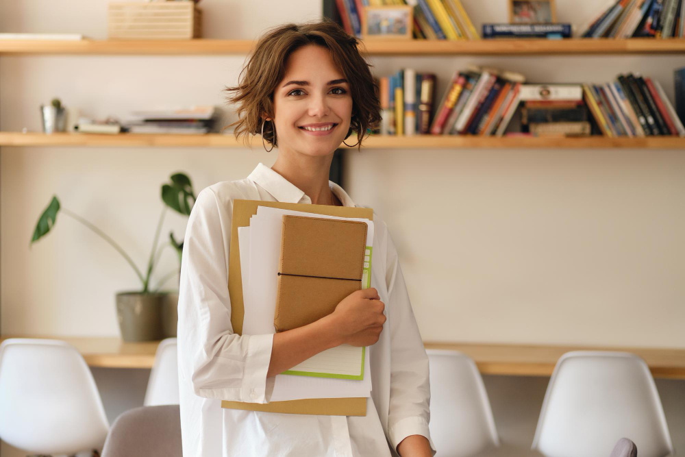 young-attractive-smiling-woman-joyfully-looking-camera-with-papers-notepad-modern-office
